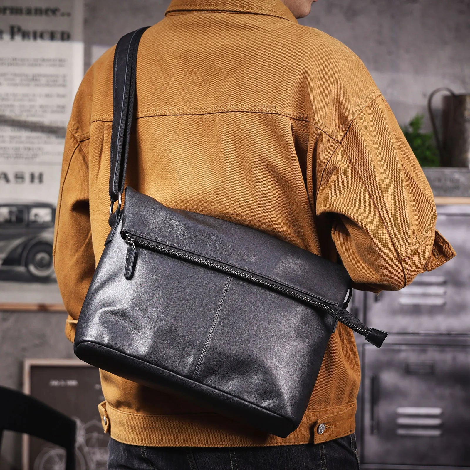 Bolsa de Ombro Masculina em Couro Genuíno, Bolsa Transversal para Laptop, Couro Bovino de Camada Superior, Couro Vegetal, Moda Casual