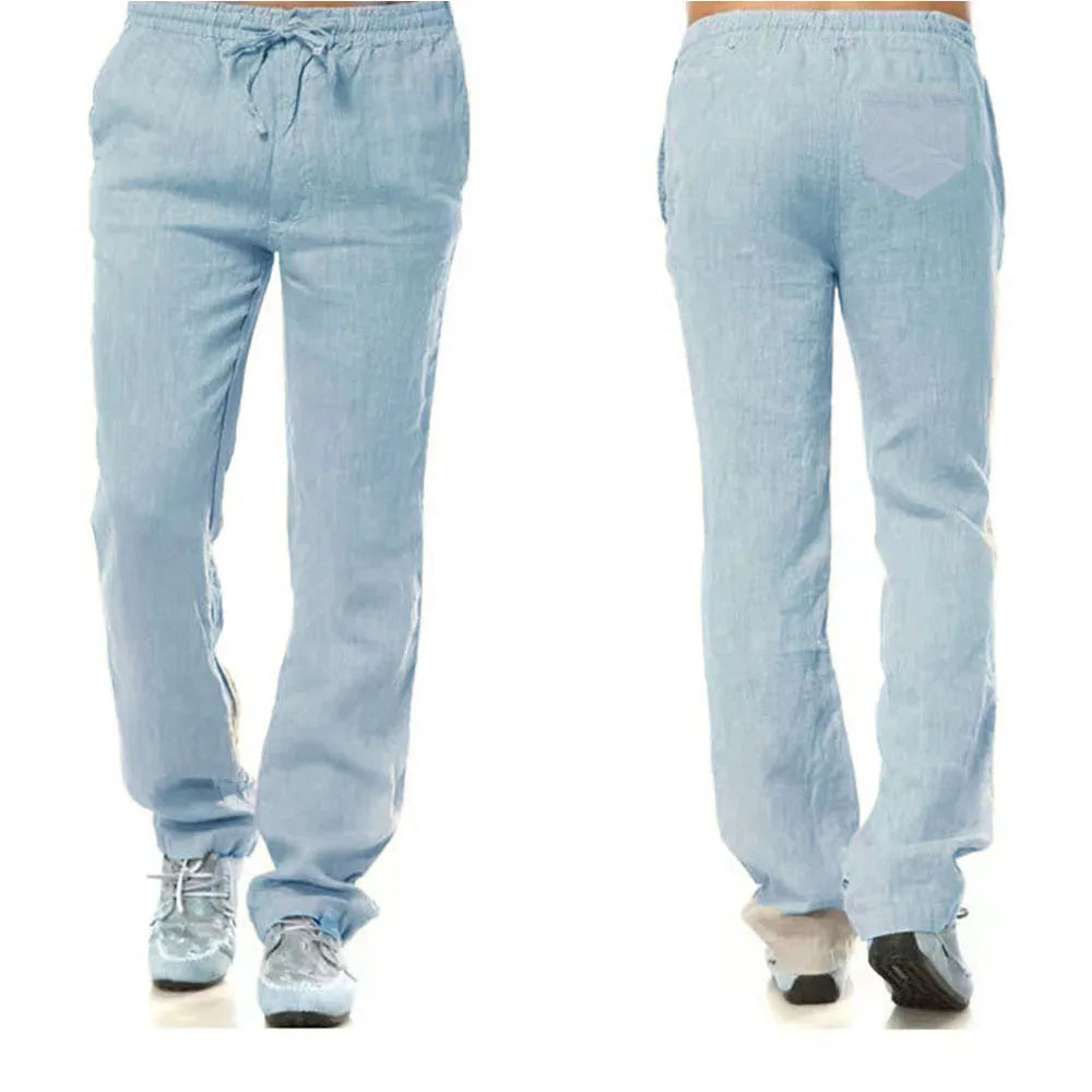 Calças de linho de algodão masculino outono novo respirável cor sólida calças de linho fitness streetwear volta com bolso