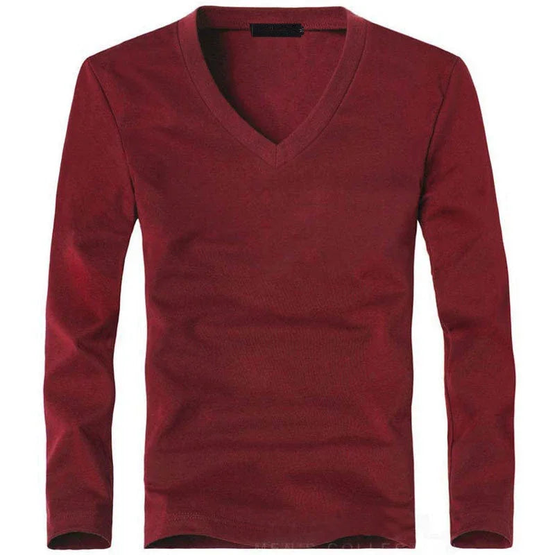 Camiseta Masculina Elástica 2026 com Decote em V e Manga Longa, Camisetas para Homens, Roupas Masculinas, Camiseta Nova em Cores Sólidas