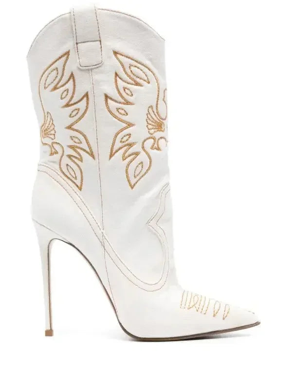 Moda feminina europeia e americana salto alto apontado ocidental denim bordado linha joelho manga alta botas de strass