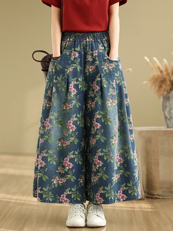 Calça Jeans Solta de Perna Larga Casual Versátil Estampada de Cintura Alta com Corte Reto para Verão e Primavera, Tamanhos ...