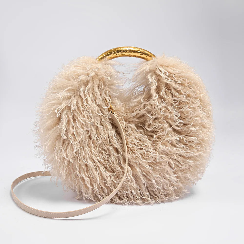 Moda feminina longa pele lã saco praia falso lã pele bolsa de ombro senhoras peles falsas bolsa luxo mongol ovelhas sacos de pelúcia
