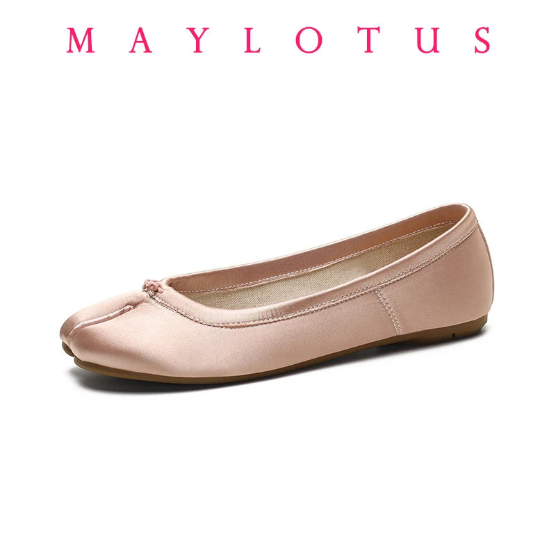 Sapatilhas Femininas de Cetim Rosa com Dedo Dividido, Estilo Ballet Tabi, Mocassins Slip-on e Alpargatas Casuais