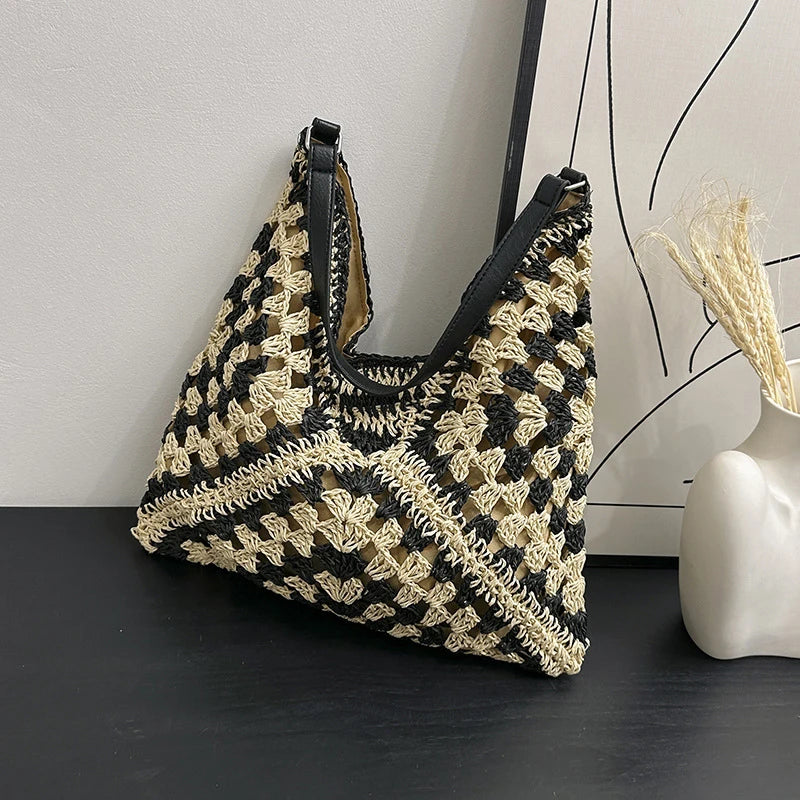 Bolsa de ombro de palha tecida feminina popular bolsa de tamanho médio com alça para férias na praia