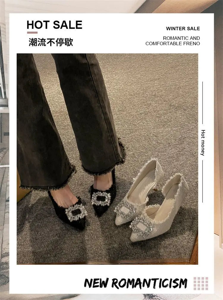 Salto estilete para mulheres, sandálias de strass, botão quadrado, sapatos de casamento, moda feminina, branco, 2024