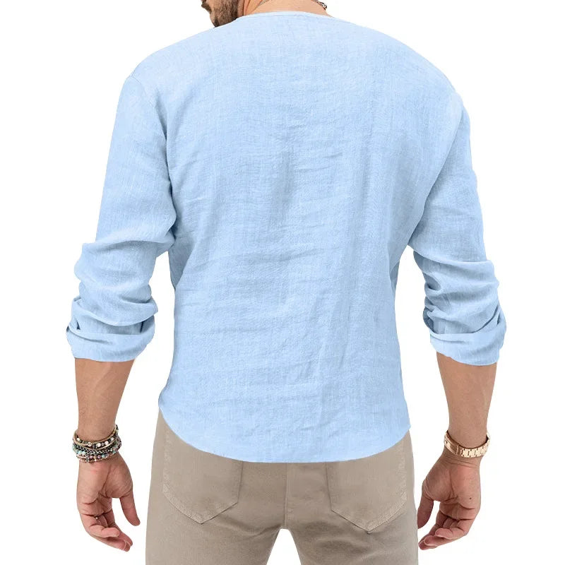 Camiseta Masculina de Linho de Manga Longa 2026 Henry, Slim Fit, Cor Sólida, Tamanho Grande Europeu e Americano, Gola V Profunda