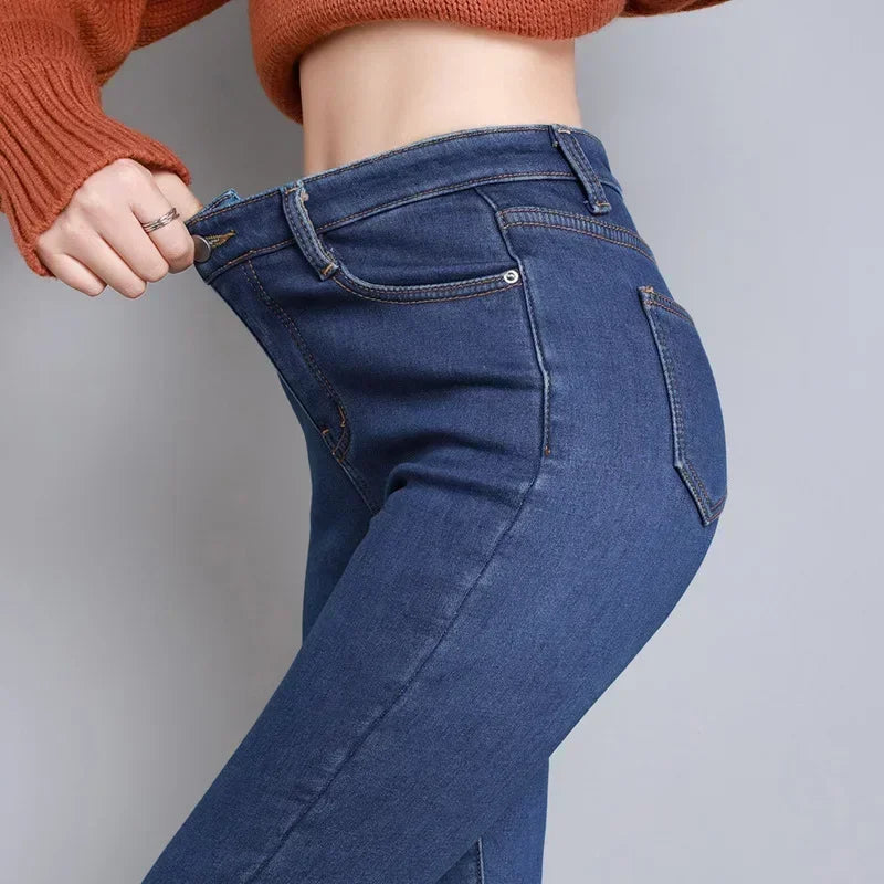 Inverno senhora térmica quente jeans de pelúcia magro estiramento jeans senhora fino ajuste lápis calças meninas perna reta denim