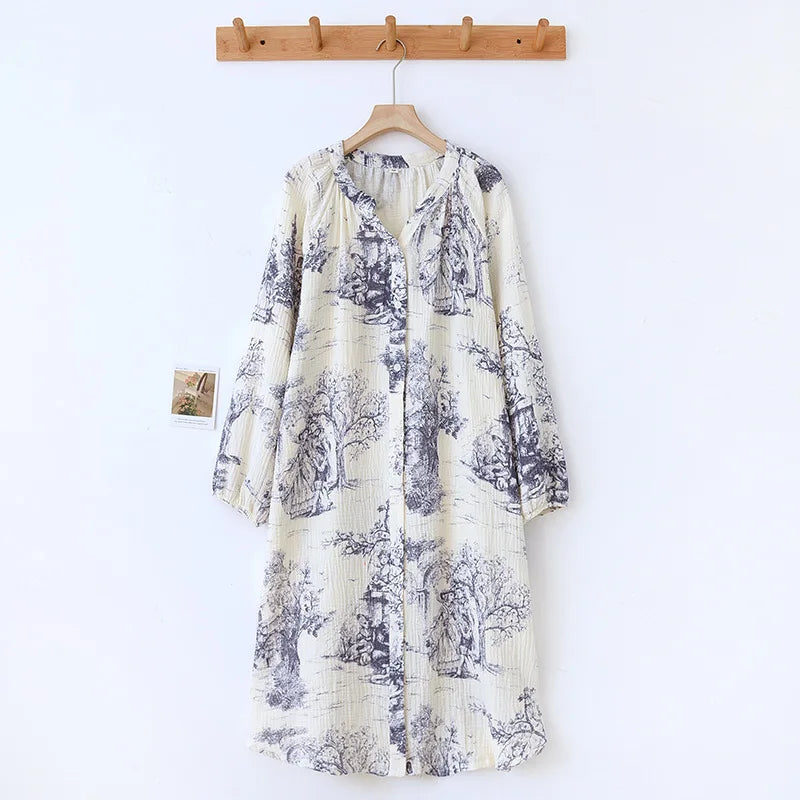 Manga longa algodão jardim secreto impressão com decote em v vestido de dormir para mulheres sleepwear respirável comprimento médio dormir camisolas