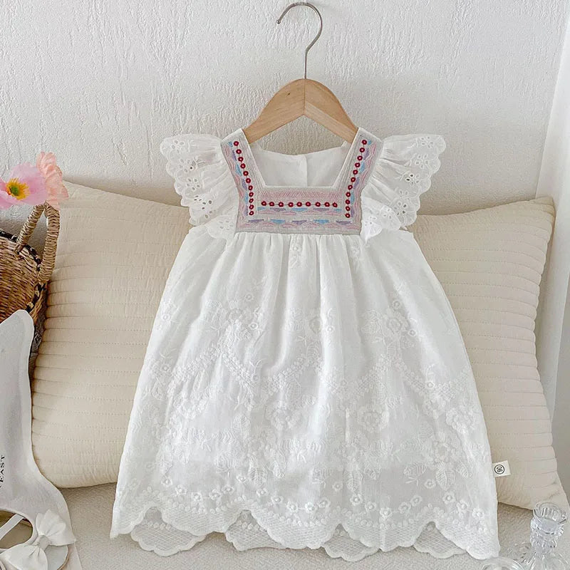 2025 novo verão crianças vestido 2-6 anos crianças vestidos de princesa manga voadora algodão bordado bebê menina vestido de festa irmã roupas