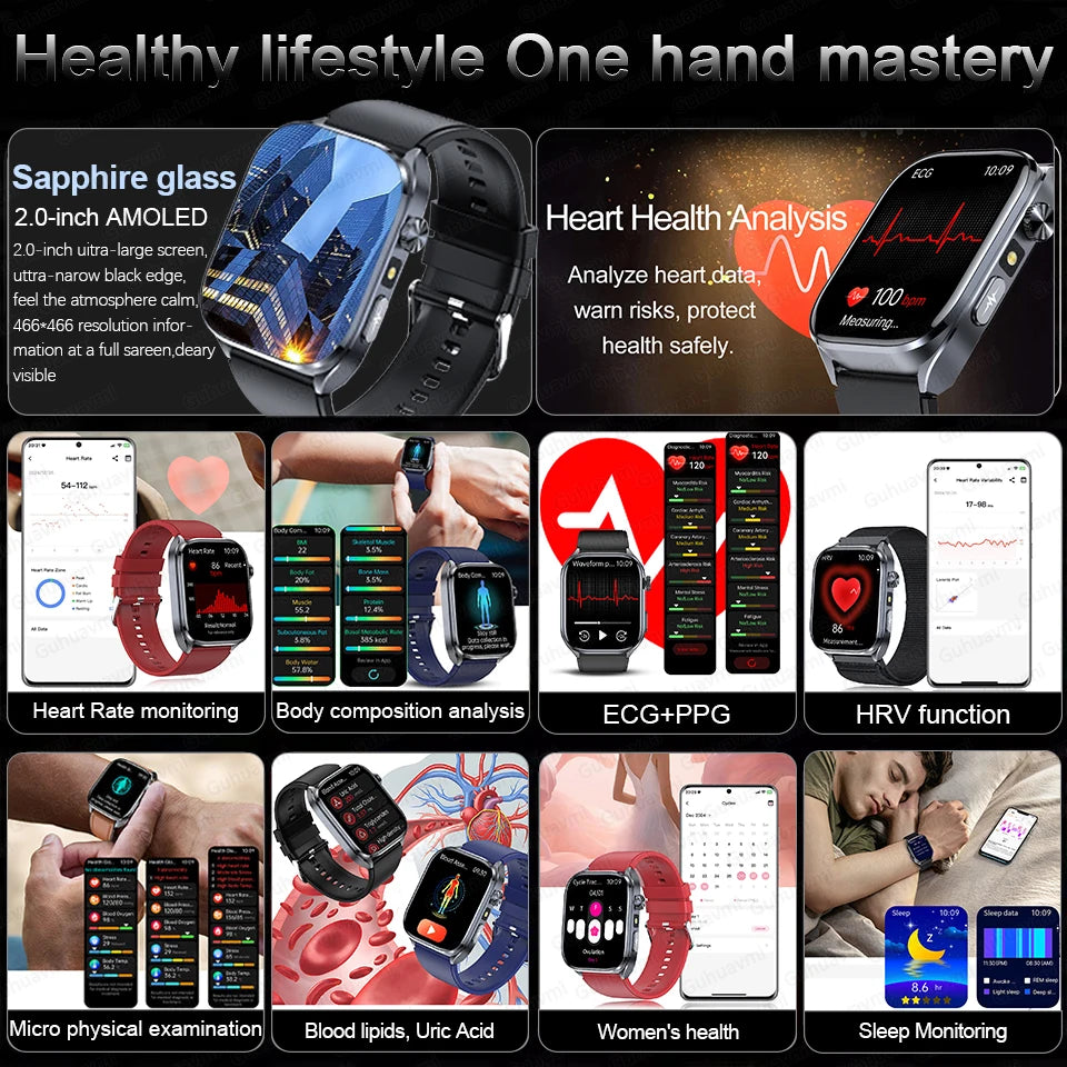 Novo Smartwatch 2026 com ECG Preciso, Análise de Saúde Cardíaca, Análise de Sangue, Lipídios no Sangue, Pressão Arterial e Chamada Bluetooth para Homens