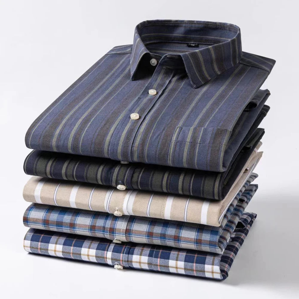Camisas de vestido de algodão com design de gola de lapela listrada xadrez na moda masculina, camisa casual de manga comprida com botões para primavera/outono