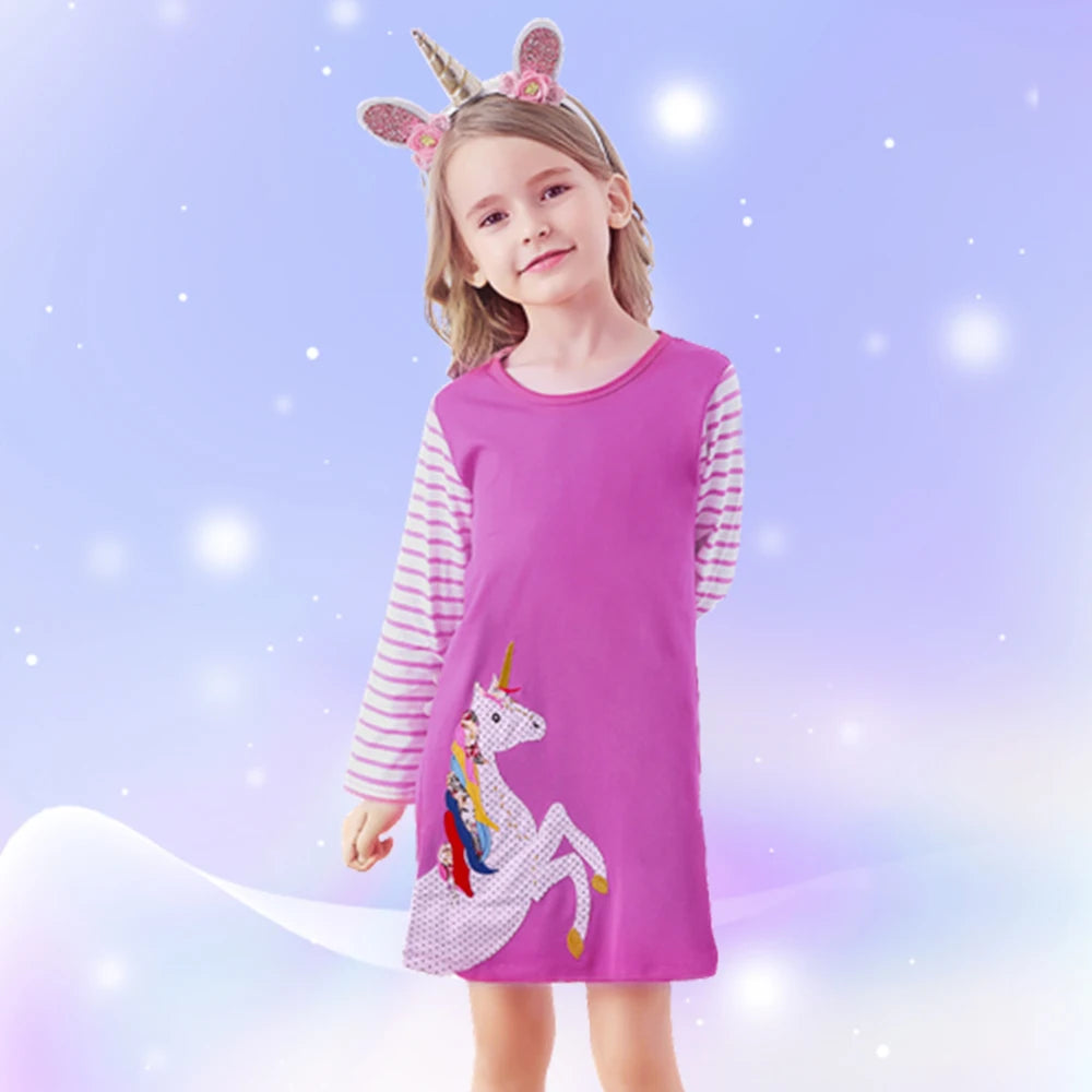 Dxton outono algodão crianças vestido casual apliques crianças em linha reta vestido diário manga listrada meninas vestido escolar