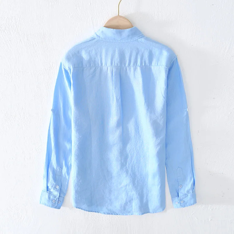 Novo designer itália estilo 100% linho camisa de manga comprida masculina marca casual 5 cores camisas brancas sólidas para homens topo chemise