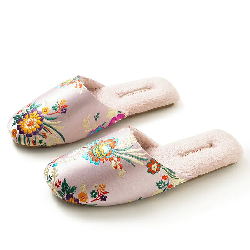 Chinelos de casa femininos homens inverno calor chinelos interiores senhoras sapatos bordados flor chinelos para mulher sapatos de casa