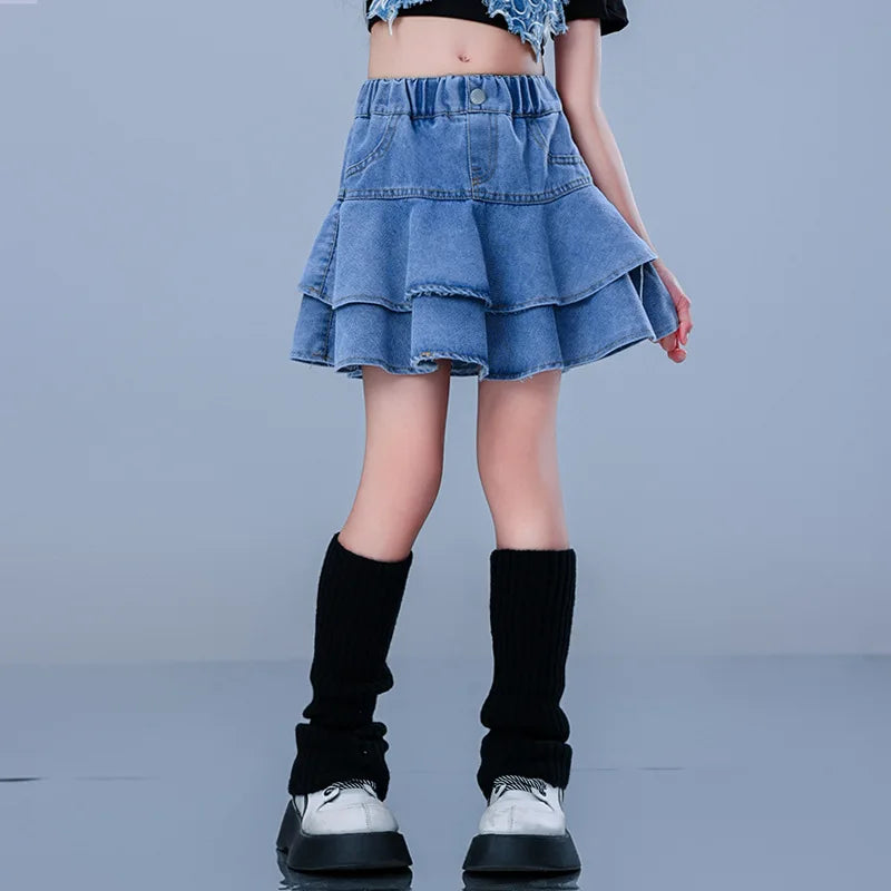 Saia curta jeans feminina com plissado, saia casual infantil, moda verão, combina com tudo, 4 a 12 anos, para crianças em escolas adolescentes, em camadas
