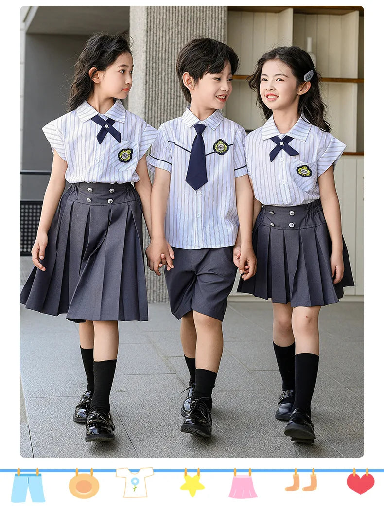 Meninas coreano japonês preppy listrado blusa saias meninos camisas shorts crianças conjuntos de roupas verão estudantes uniformes escolares