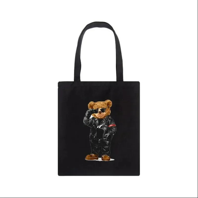 Moda urso impressão eco mulheres sacos de ombro bolsa feminina lona saco de compras casual grandes senhoras viagem totes sacos
