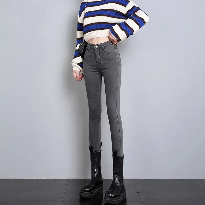 Inverno senhora térmica quente jeans de pelúcia magro estiramento jeans senhora fino ajuste lápis calças meninas perna reta denim