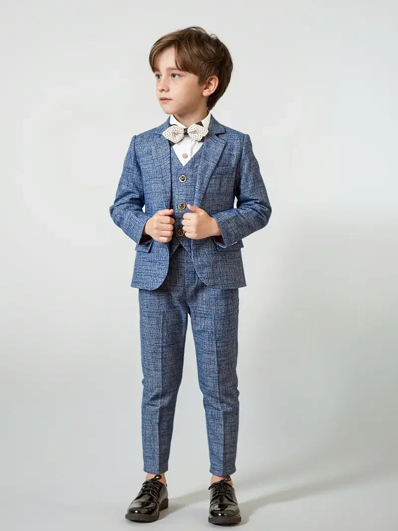 Meninos 5 peças/set jaqueta colete calças broche bowtie fotografia terno crianças formal festa de aniversário casamento smoking conjunto crianças blazer