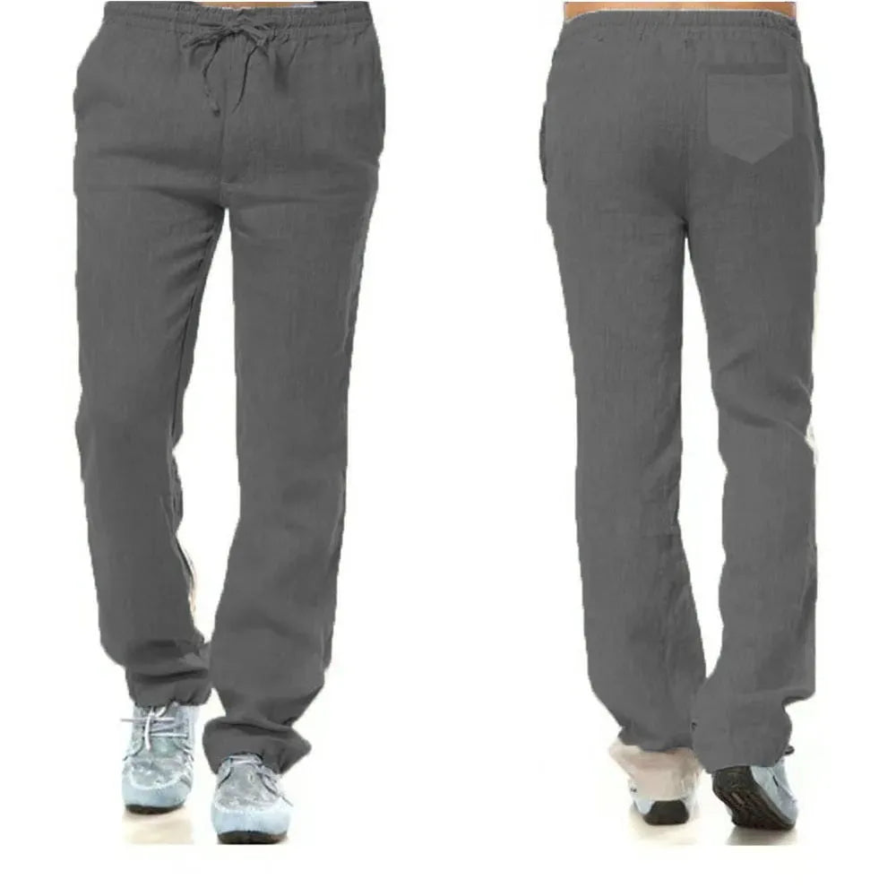 Calças de linho de algodão masculino outono novo respirável cor sólida calças de linho fitness streetwear volta com bolso