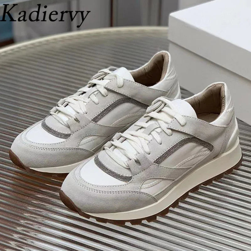 Sapatos casuais mulher dedo do pé redondo corrente corda grânulo conforto tênis de corrida senhoras camurça vaca retalhos rendas até tênis planos