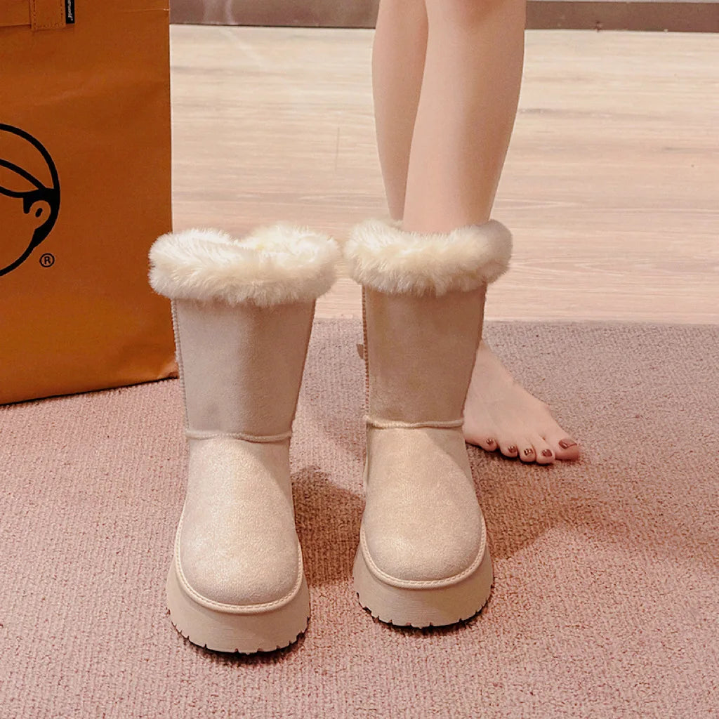 Botas de neve femininas 2024 inverno nova moda sapatos plataforma de pelúcia ao ar livre botas quentes sapatos femininos bota camurca cano longo