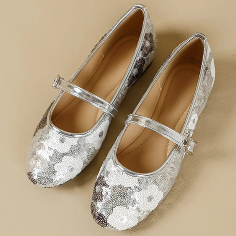 Luxo bling ballet flats feminino dedo do pé redondo colorido floral fivela design mary jane sapatos elegantes sapatos de festa conforto sandálias planas