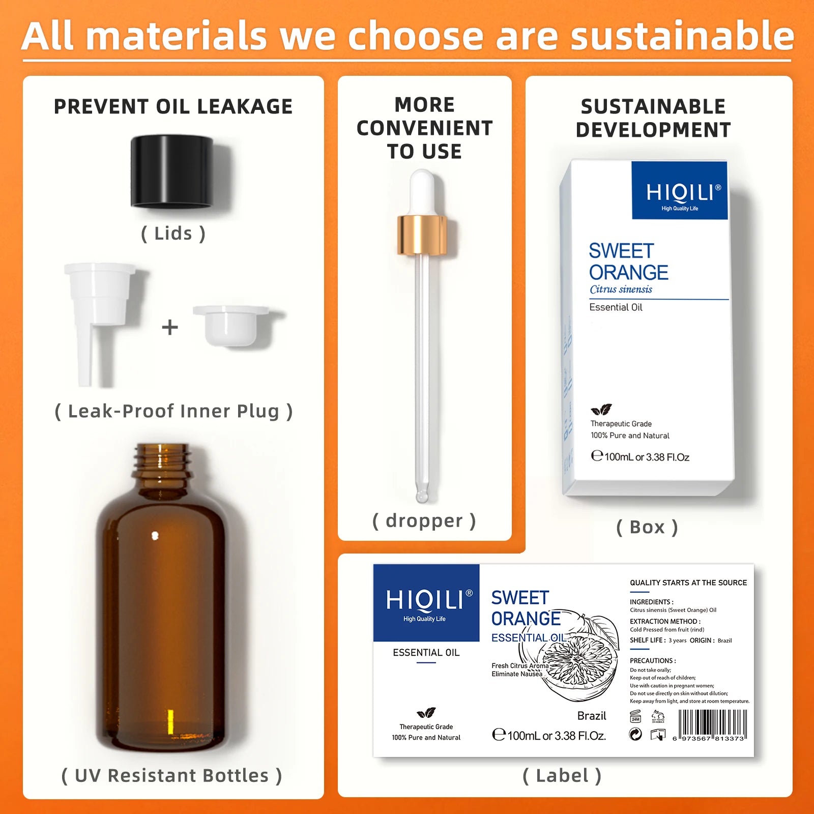Óleos Essenciais de Laranja Doce HIQILI, Natureza 100% Pura, Aromaterapia, Difusor, Umidificador, Massagem, Ar Fresco, Vela, 100ml