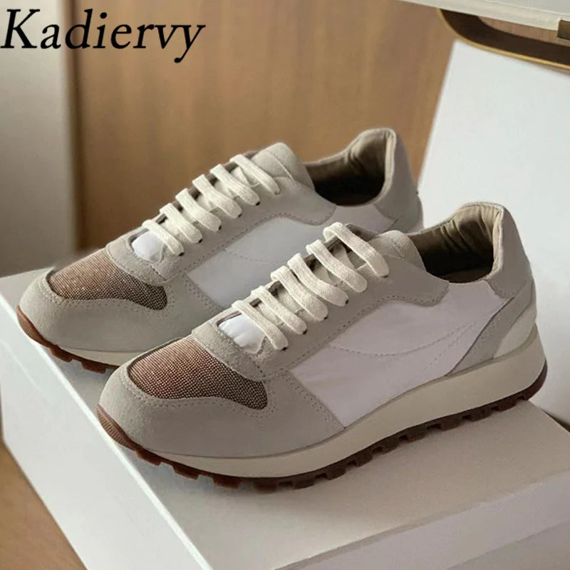Sapatos casuais mulher dedo do pé redondo corrente corda grânulo conforto tênis de corrida senhoras camurça vaca retalhos rendas até tênis planos