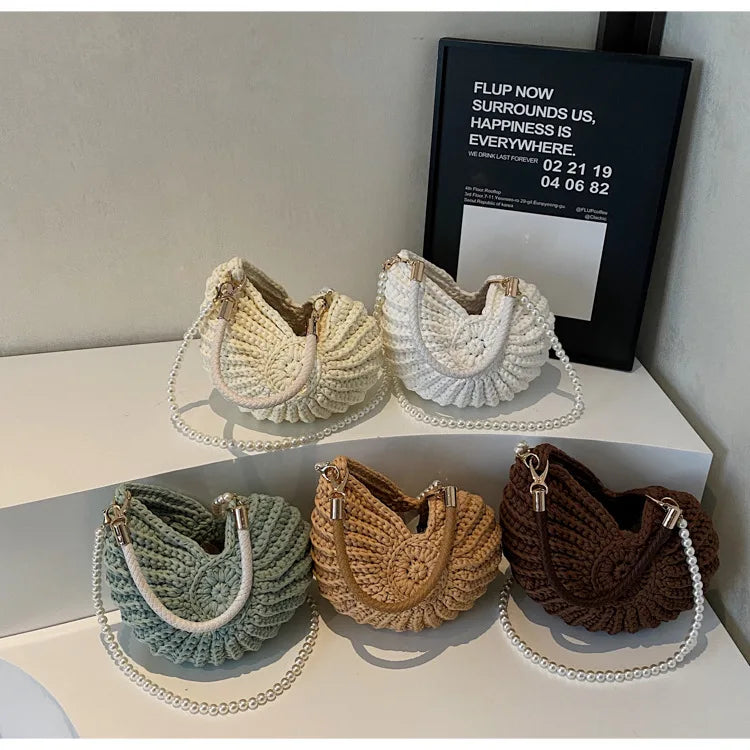 Criativo concha em forma de crochê feminino ombro sacos engraçado bonito pérolas correntes artesanal tecer crossbody saco novidade pequenas bolsas
