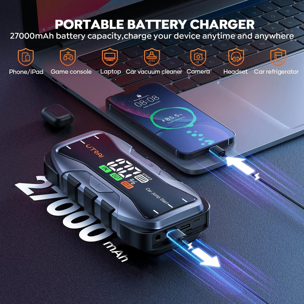UTRAI 27000mAh Car Jump Starter Power Bank 6000A Car Booster Auto Dispositivo de partida de emergência Jump Start para gasolina diesel