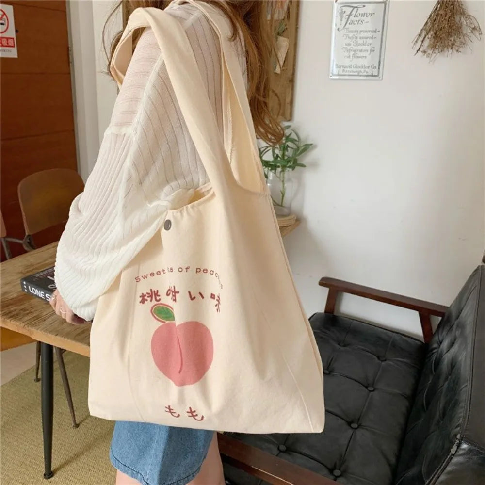Sacola de morango bonito para meninas da escola, bolsas estéticas, bolsa Shopper Designer, mulheres Peach Print, bolsas de ombro Eco