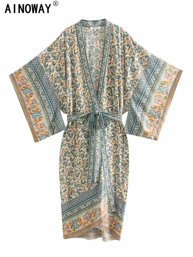 Vintage chique feminino floral impressão batwing manga praia boêmio quimono vestido senhoras com decote em v verão boho robe cover-ups vestidos