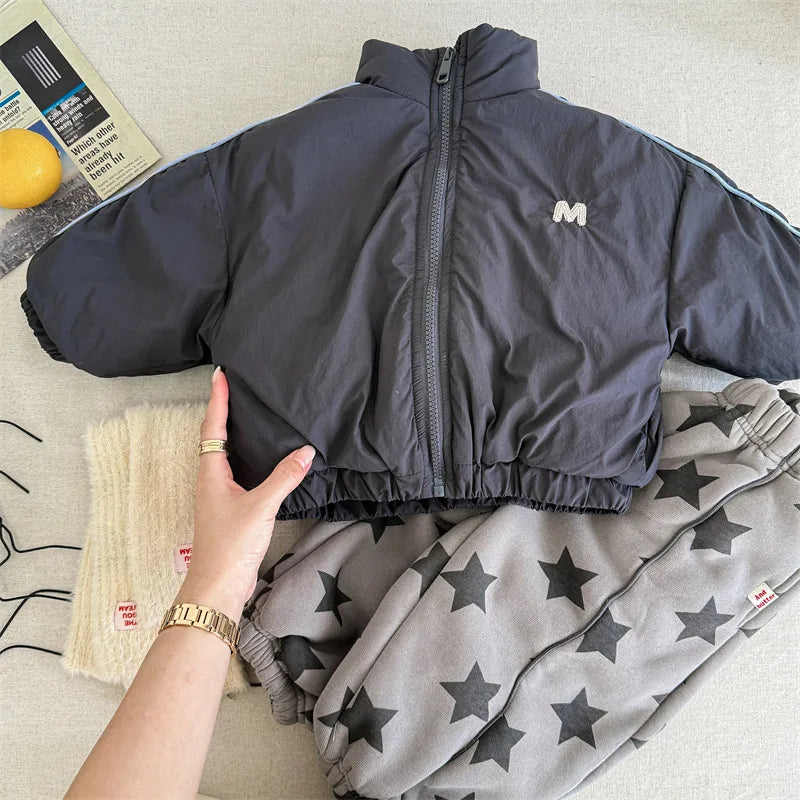 2024 inverno novas crianças manga longa quente carta casaco mais veludo grosso meninos para baixo jaquetas do bebê meninas acolchoado jaqueta crianças roupas