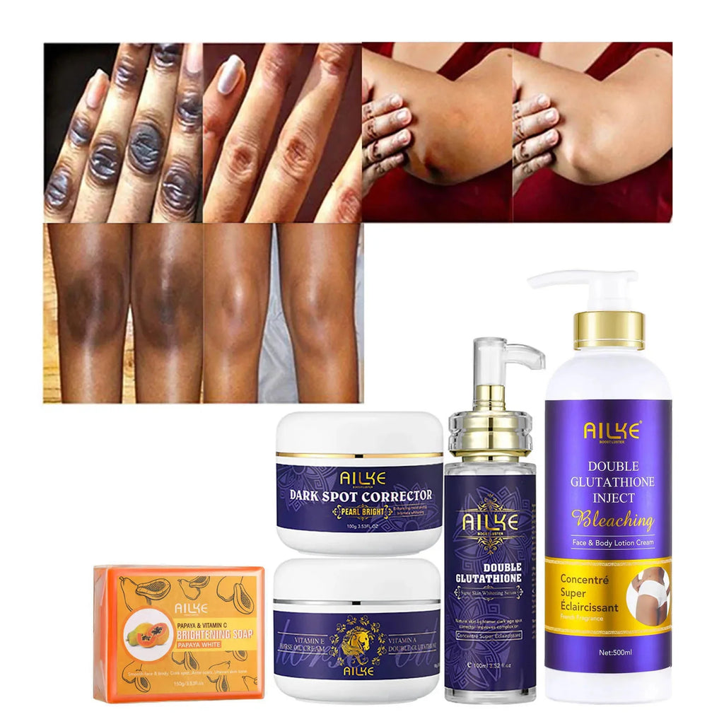 AILKE Glutationa 5 em 1 Kit de cuidados com a pele feminina, com loção corporal, soro, creme para remoção de manchas escuras, creme corporal, sabonete iluminador