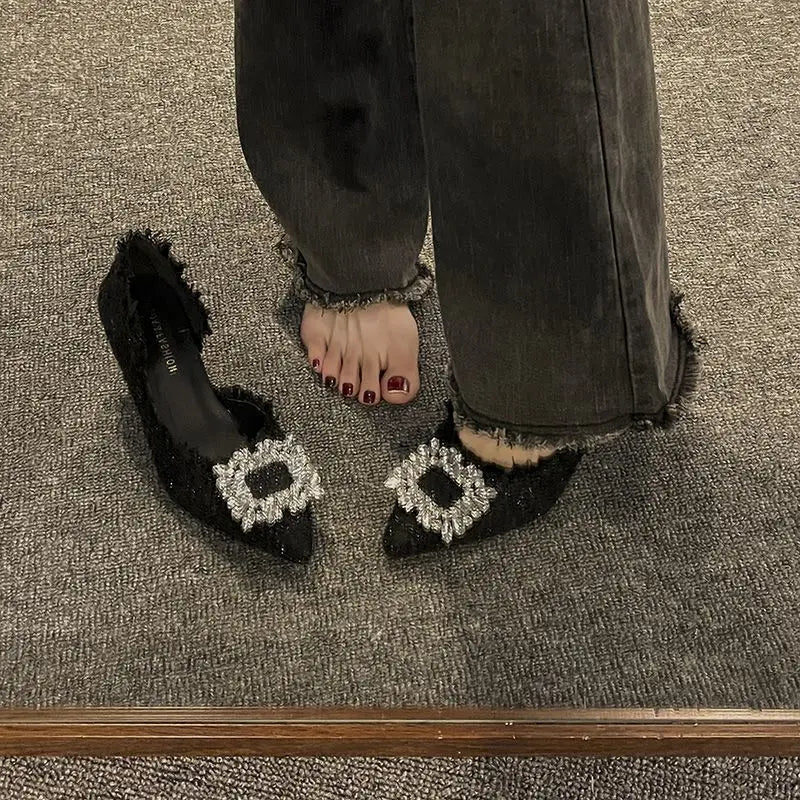 Salto estilete para mulheres, sandálias de strass, botão quadrado, sapatos de casamento, moda feminina, branco, 2024