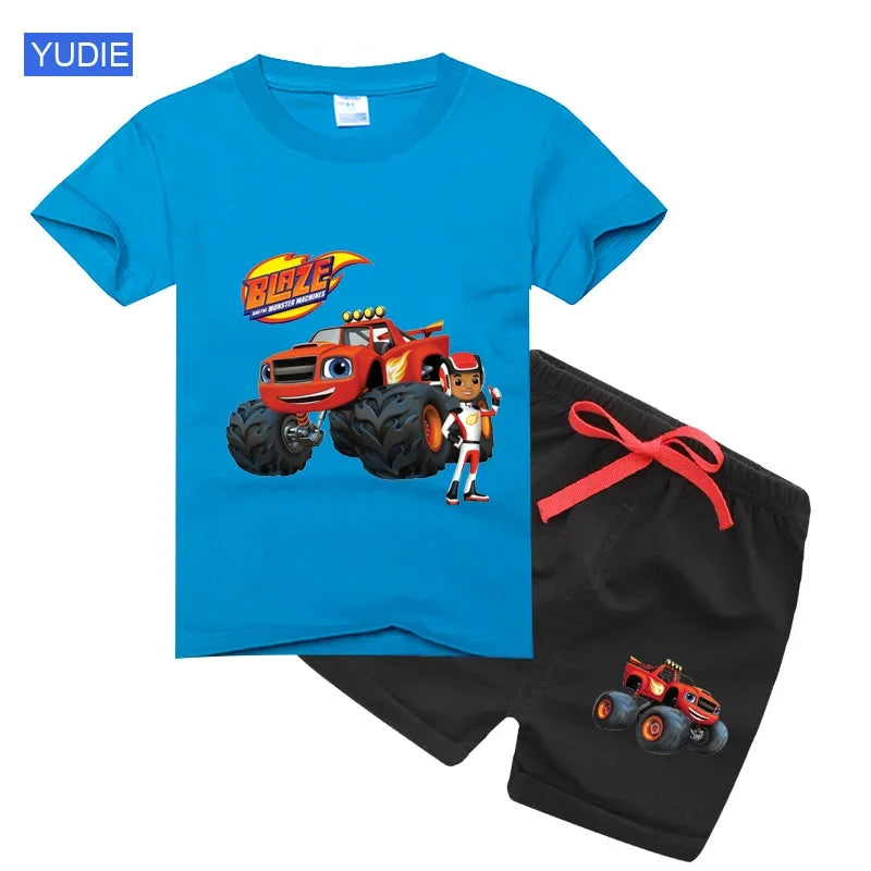 Conjunto de t-shirts e shorts para bebês e meninas, roupas de desenhos animados, velocidade incrível, carros, máquinas monstro, crianças, terno 2pcs, verão
