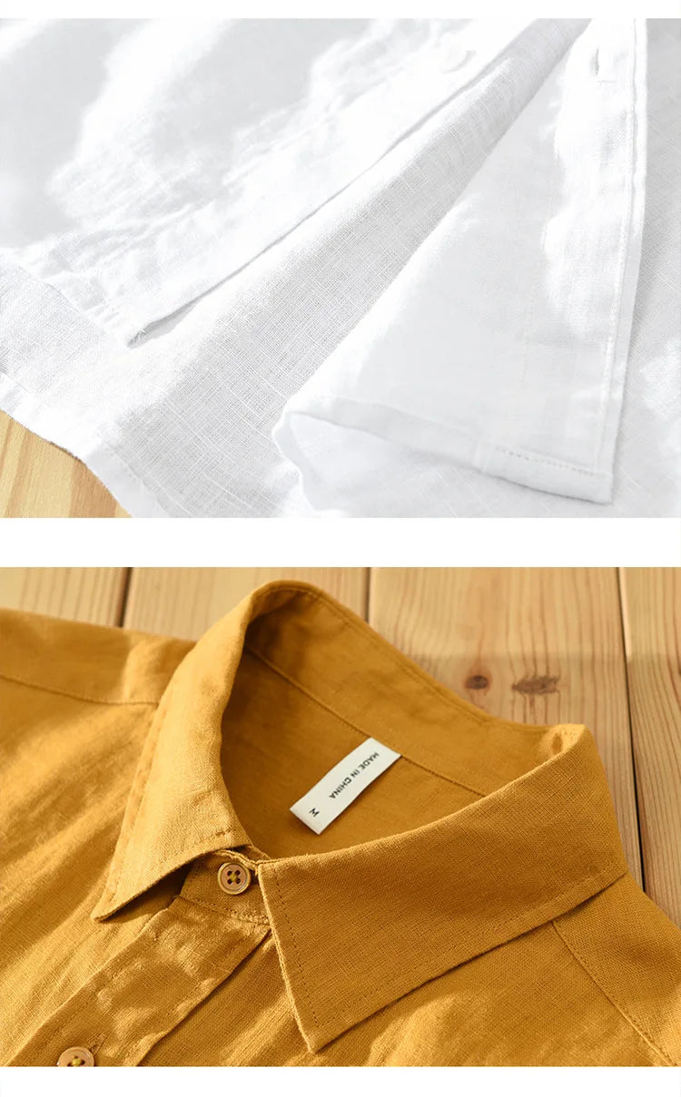 Camisa de linho de manga curta masculina, camisa respirável solta, camisa casual artística, monocromática, verão