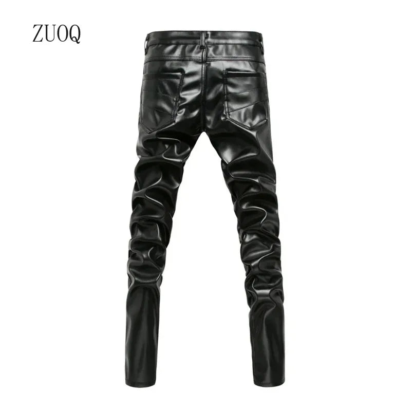 Novo inverno dos homens magro motociclista calças de couro do plutônio alta rua moda motocicleta para masculino palco club wear