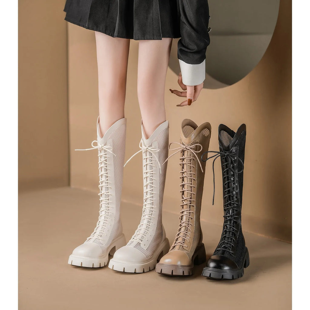 Mulheres verão joelho-alta malha botas altas femininas plataforma respirável malha rendas botas de cavaleiro salto grosso oco longo cavaleiro botas