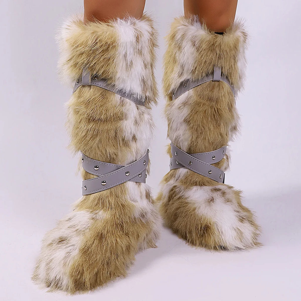 Botas femininas felpudas até o joelho |   Calçado de inverno com detalhes multi-fivela, texturas de leopardo e shearling