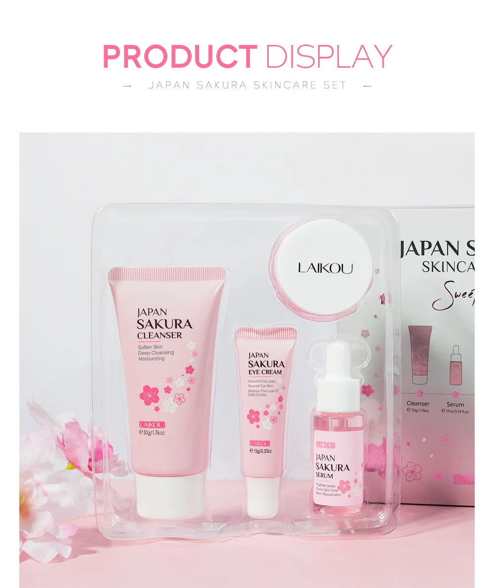 Conjuntos de cuidados com a pele Laikou Sakura com limpador, sérum, creme para os olhos, creme essencial, produtos de beleza para mulheres, presente de Natal.