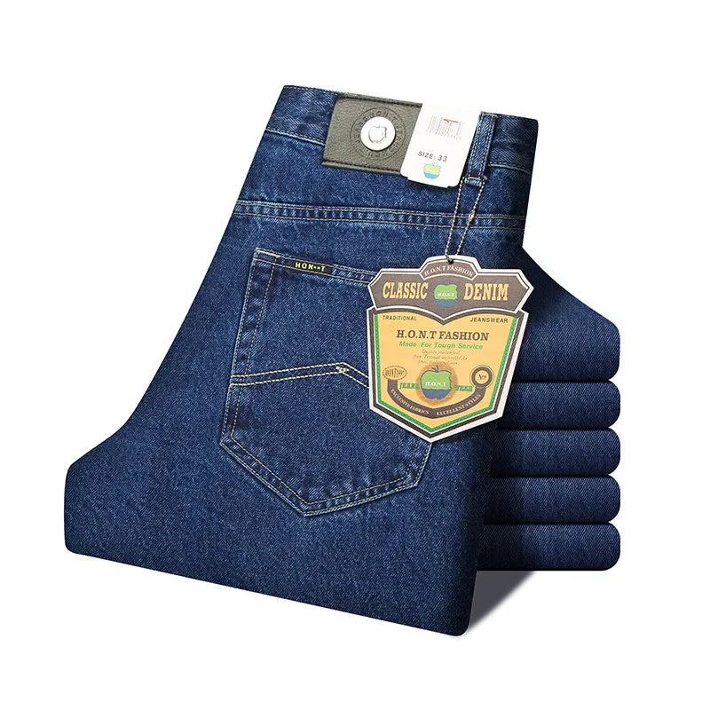 Homens de negócios jeans clássico primavera outono masculino algodão em linha reta estiramento marca denim calças verão macacão fino ajuste 2021