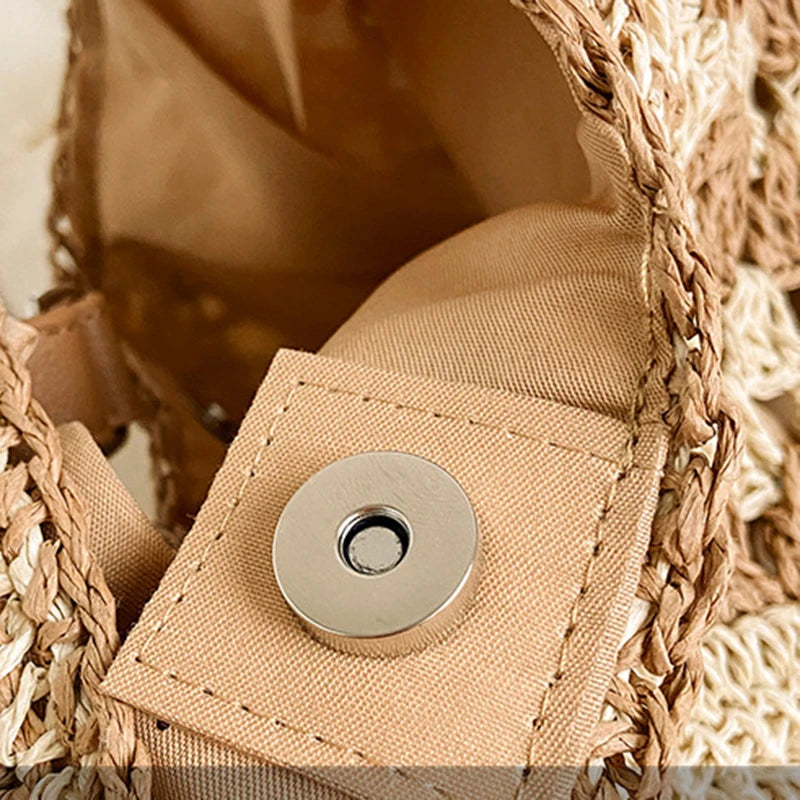 Bolsa de ombro de palha tecida feminina popular bolsa de tamanho médio com alça para férias na praia