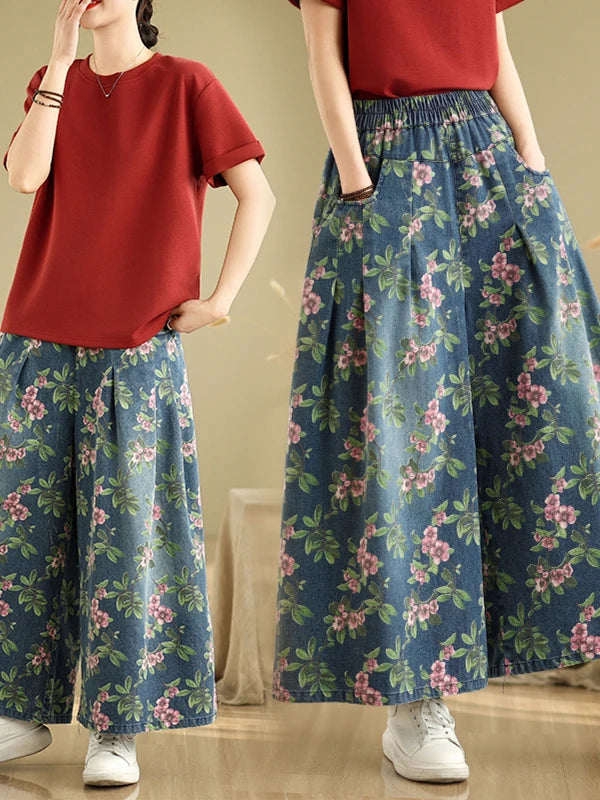 Calça Jeans Solta de Perna Larga Casual Versátil Estampada de Cintura Alta com Corte Reto para Verão e Primavera, Tamanhos ...