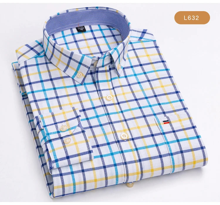 Camisas de vestido de algodão com design de gola de lapela listrada xadrez na moda masculina, camisa casual de manga comprida com botões para primavera/outono
