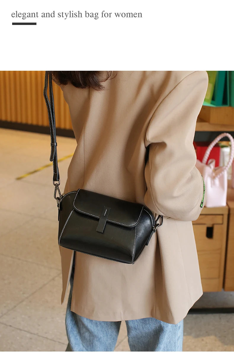 Bolsa transversal pequena de couro legítimo com acabamento em cera de óleo para mulher, bolsa fashion versátil em formato de concha, bolsa casual para celular.