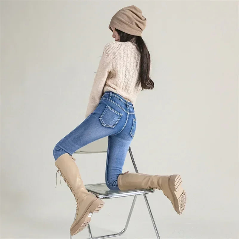 Inverno senhora térmica quente jeans de pelúcia magro estiramento jeans senhora fino ajuste lápis calças meninas perna reta denim
