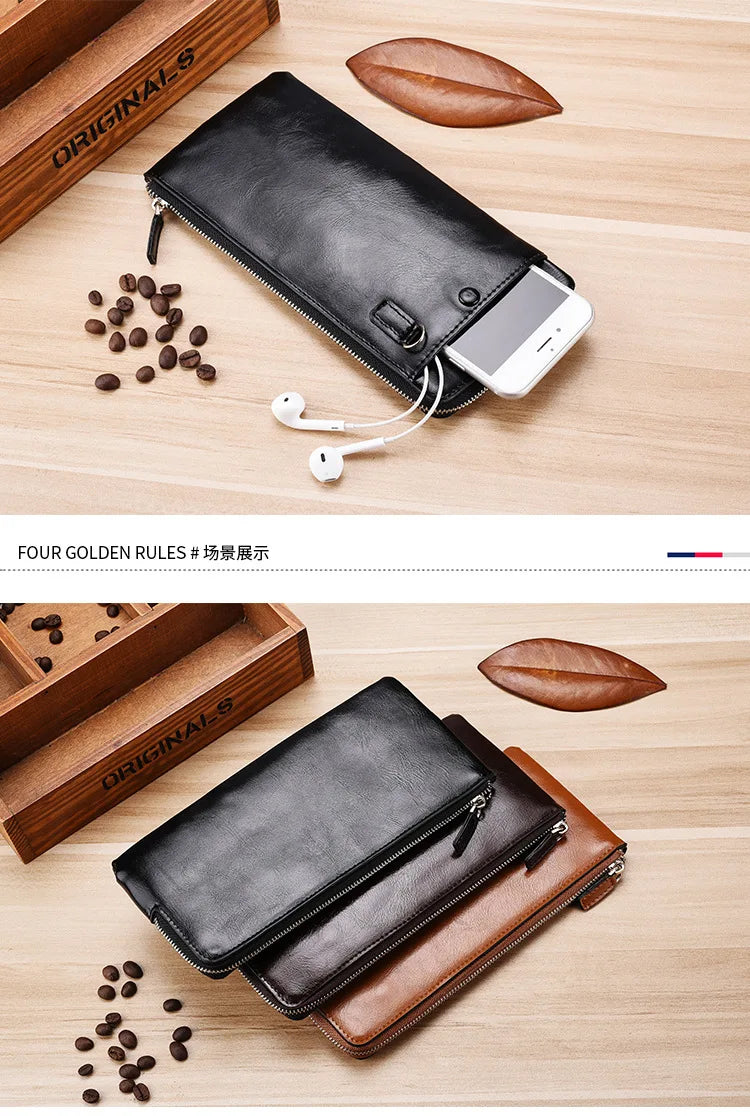 Carteiras clássicas com zíper estilo longo masculino, porta-cartão, grande capacidade, grande para celular, marca de luxo, bolsa masculina, qualidade