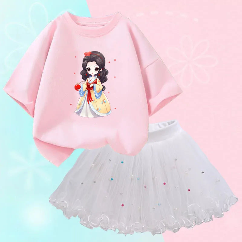 Roupas de verão para meninas, camiseta fofa de gato e saia tutu de malha, conjunto de duas peças, roupas coreanas para crianças de 3 a 14 anos